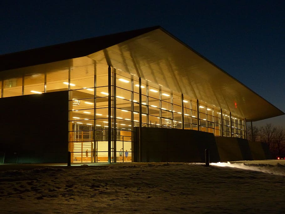 building, turned, light fixtures, night time, Gym, Sports Center, sports hall, lighting, at night, architecture