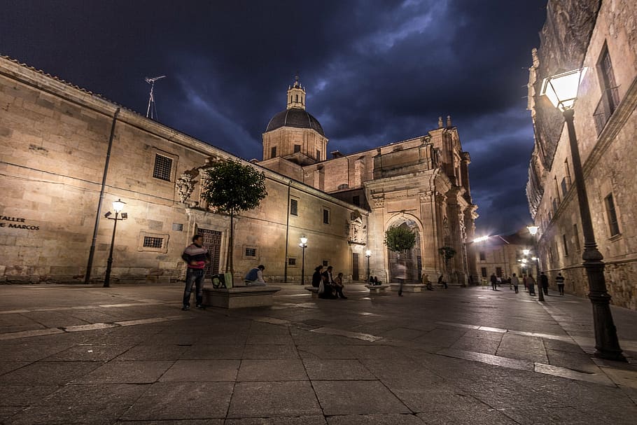 people, standing, cathedral, salamanca, plaza, church, architecture, spain, street, night