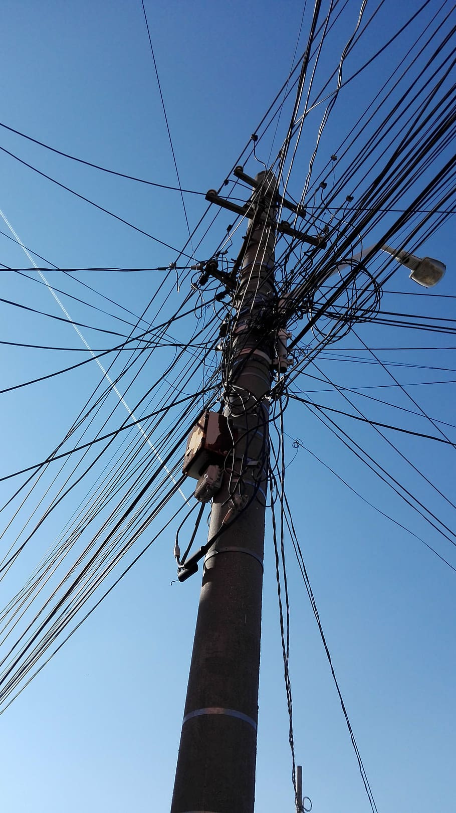 cables, pole, sky, cable, electricity, power line, low angle view, power supply, connection, electricity pylon