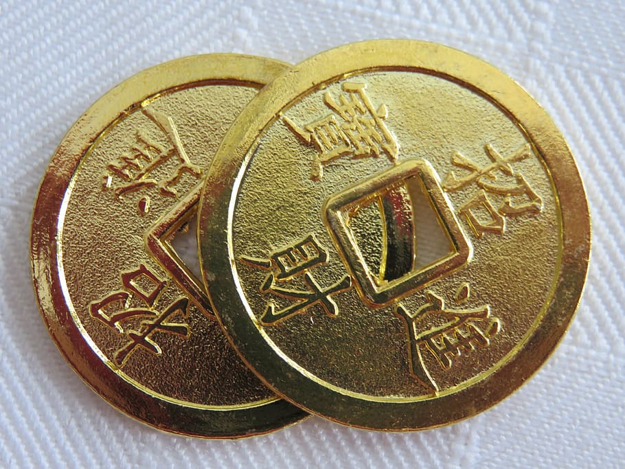 two, round gold-colored coins, luck, coins, lucky coins, chinese new year, fortune, prosperity, feng shui, i ching - Pxfuel