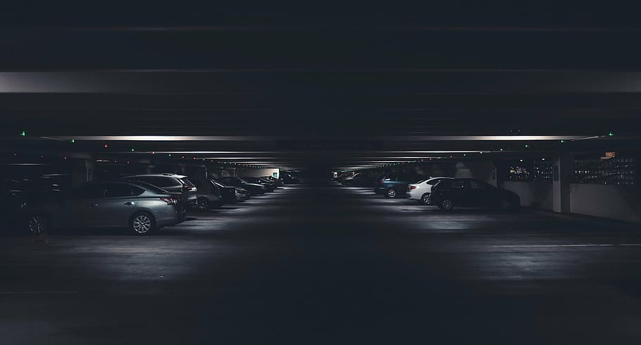 車両駐車場, 駐車場, 暗い, 地面, 地下, 車, 車両, 交通, 通り, 道路