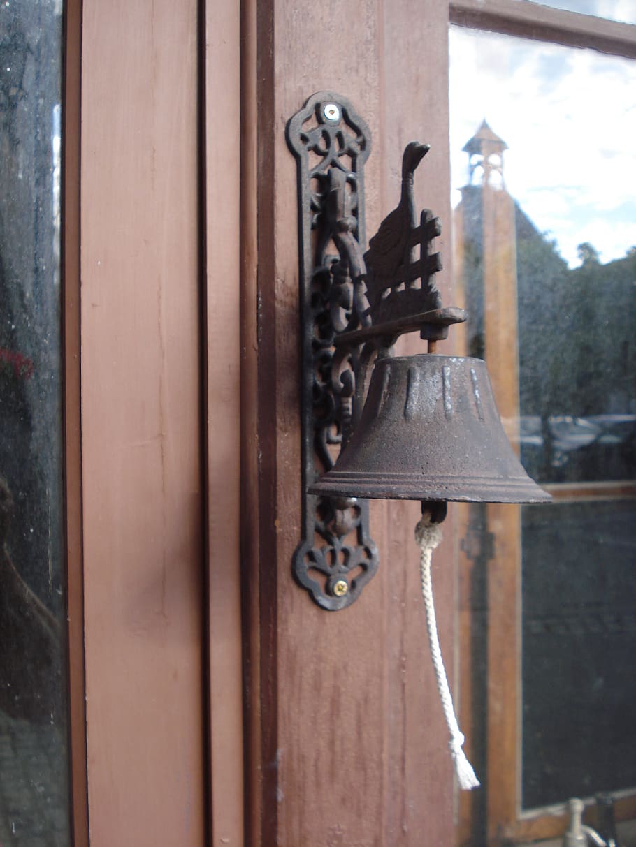 doorbell, door, bell, sound, entry bell, metal, decorating outside, iron, object, wood - material