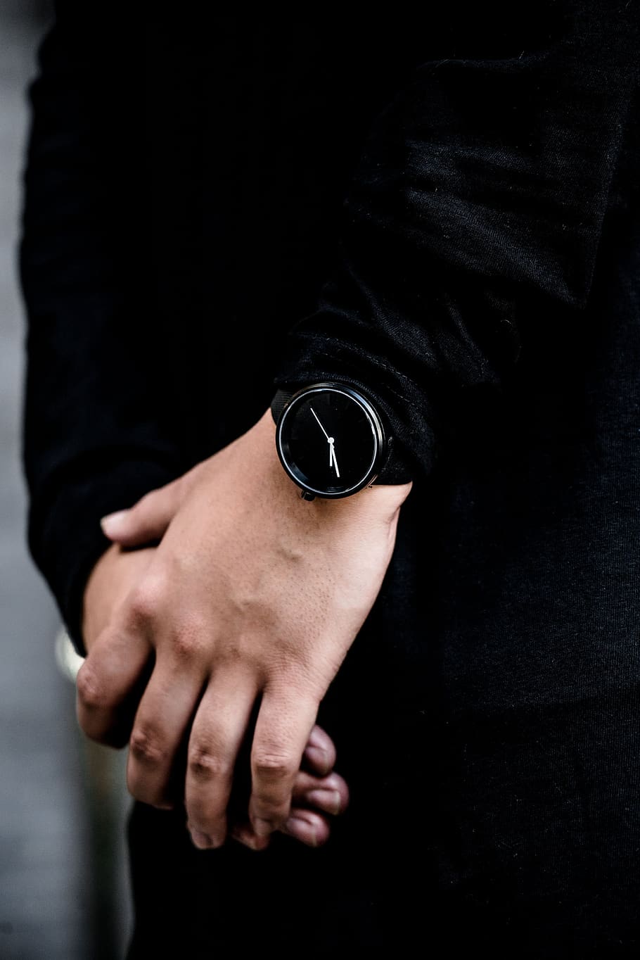 preto, moda, relógio, relógio de pulso, hora, homem, simples, minimalista, limpo, mãos
