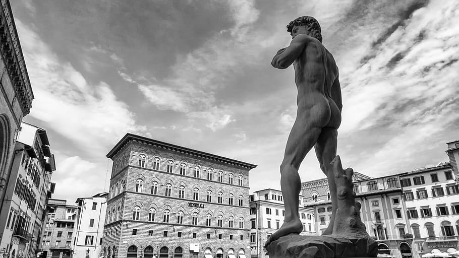 grayscale photo, statue, david, buildings, michelangelo, florence, sculpture, italy, marble, piazza