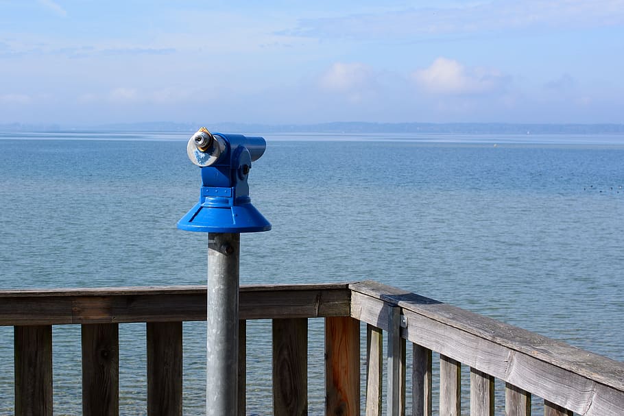 blue, telescope, railing overview, sea, viewpoint, distant, overview, bank, view, binoculars
