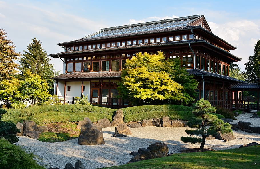 jardim japonês, turíngia alemanha, casa de chá, arquitetura, estrutura construída, planta, árvore, exterior do edifício, céu, natureza
