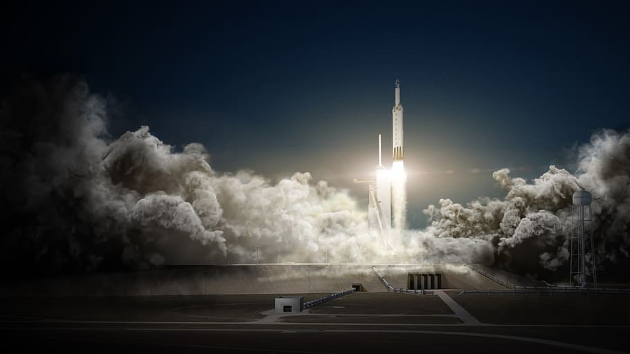 Falcon Heavy, white missile during daytime, sky, smoke - physical structure, transportation, architecture, nature, road, built structure, illuminated
