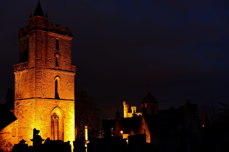stirling, night, architecture, church of the holy rude, old town jail, historical, building exterior, built structure, building, illuminated
