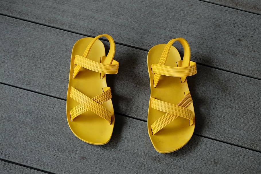 pair, yellow, flat, sandals, wooden, surface, hello, shoe, floor, foot