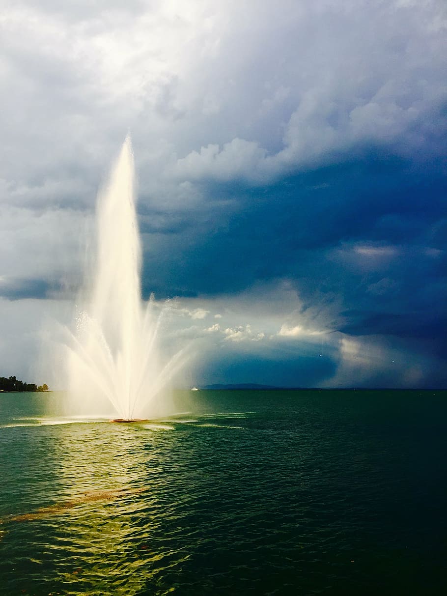 lake constance, fountain, water, water feature, wet, summer, badesee, thunderstorm, color, cloud - sky