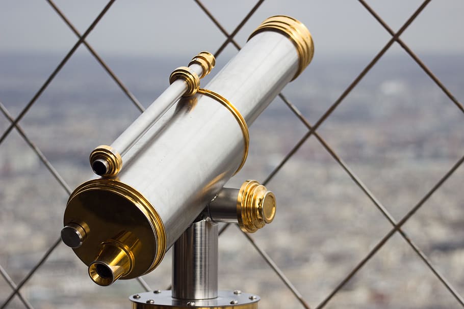 gray, brass telescope, looking glass, magnification, glass, magnifier, lens, looking, focus, symbol