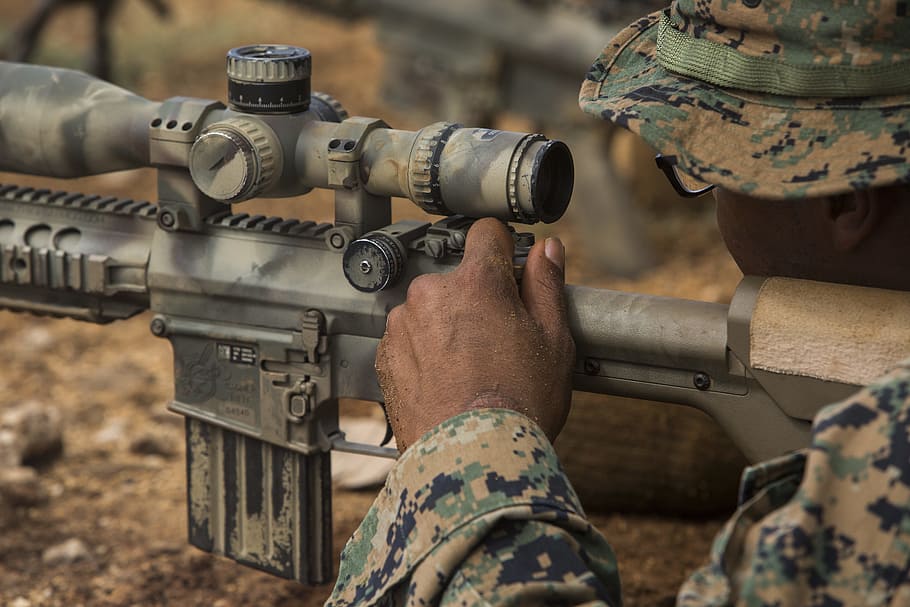 gray rifle scope, marines, sniper, rifle, aiming, scope, weapon, military, day, human body part