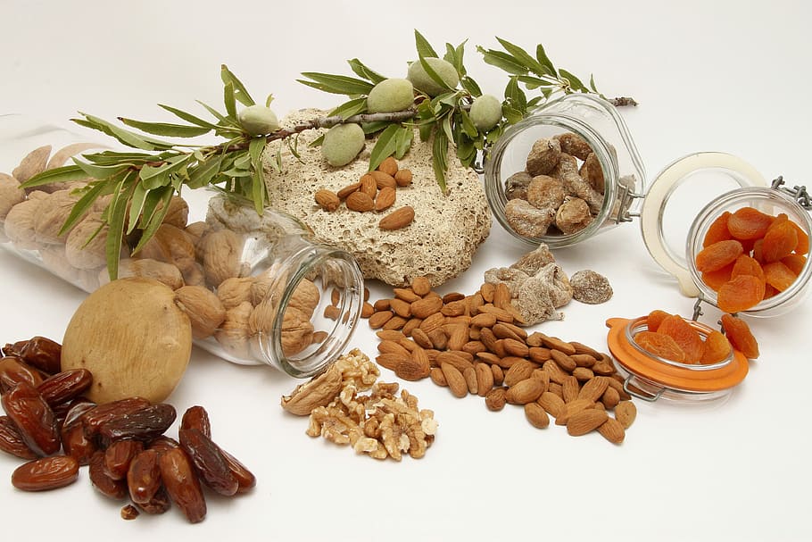 assorted, fruits, jar, food, healthy, dried fruits, nuts, nut, almonds, dates