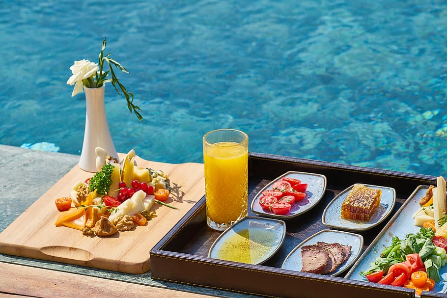 breakfast, food, pool, hotel, resort, diet, healthy, orange juice, delicious, nutrition