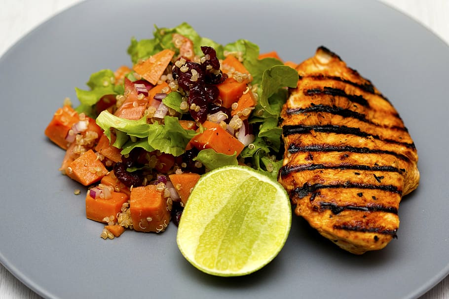 grilled, stake, lime, grilled chicken, quinoa, salad, photography, grain, lemon, nobody