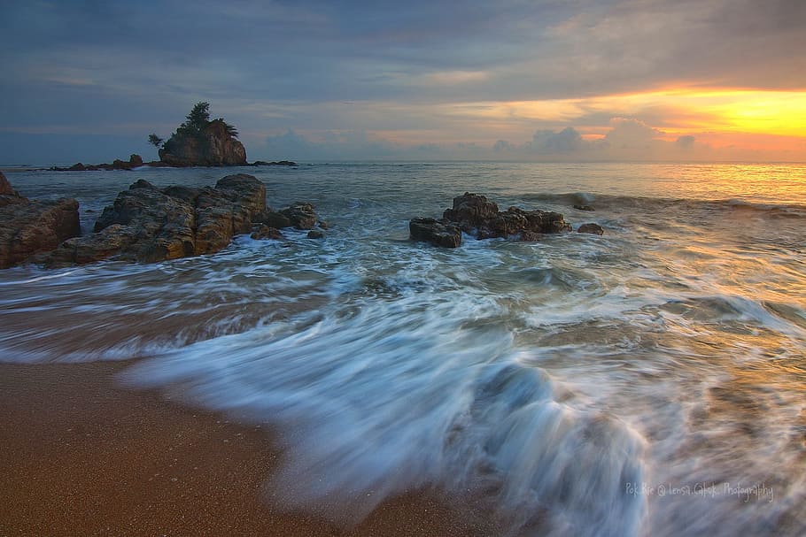 time-lapse photography, brown, sand beach, Sunrise, Motion, Landscape, Sea, Nature, beach, wave