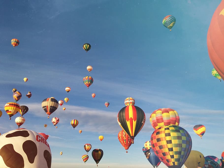 hot air balloons, blue, sky, sunshine, hot air balloon, balloon, nature, mid-air, flying, low angle view