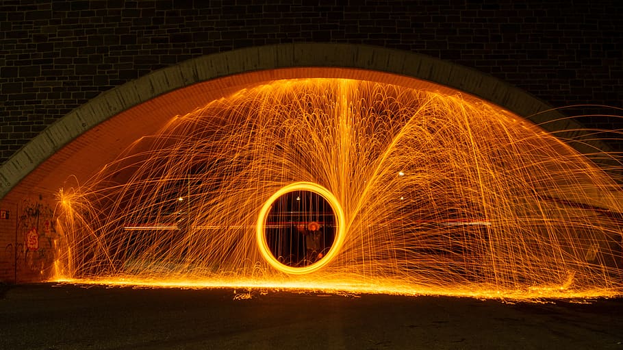 light painting, night, steel wool, circle, wire wool, motion, long exposure, illuminated, spinning, blurred motion