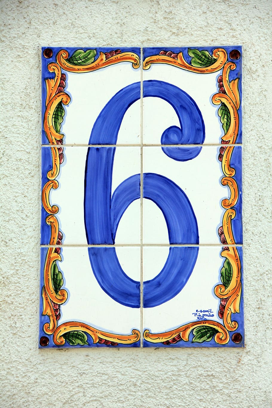 blue, 6, decorated, tiles, 6 tiles, decoration, photos, number, public domain, six