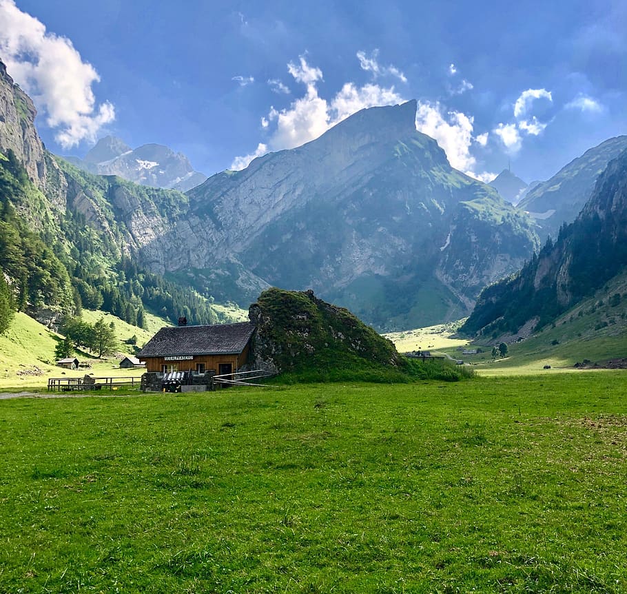 swiss, mountain, ranch, of the countryside, landscape, scenics - nature, mountain range, beauty in nature, architecture, built structure