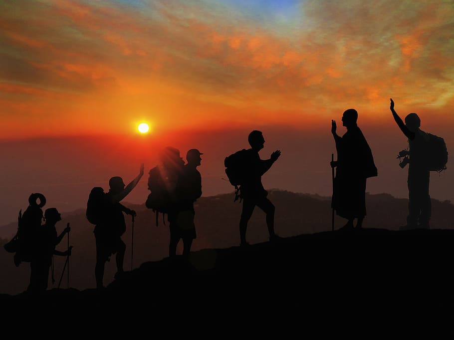 silhouette, people, climbing, mountain, sunset, hiking, greetings, namaste, adventure, travel