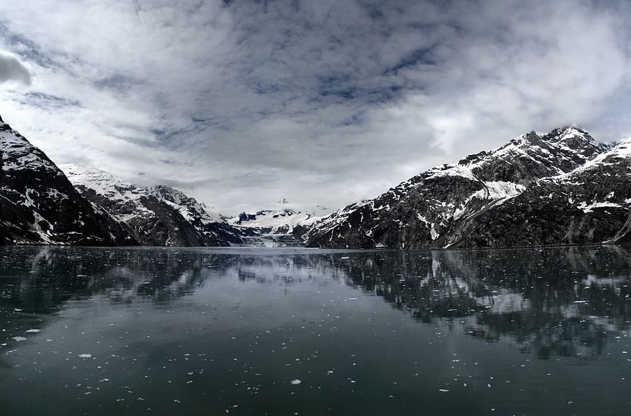 lake, water, reflection, mountains, snow, winter, sky, clouds, landscape, nature