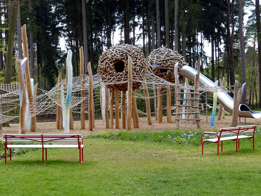 red wooden benches, playground, play, children's playground, game device, children, climb, leisure, network, climb up