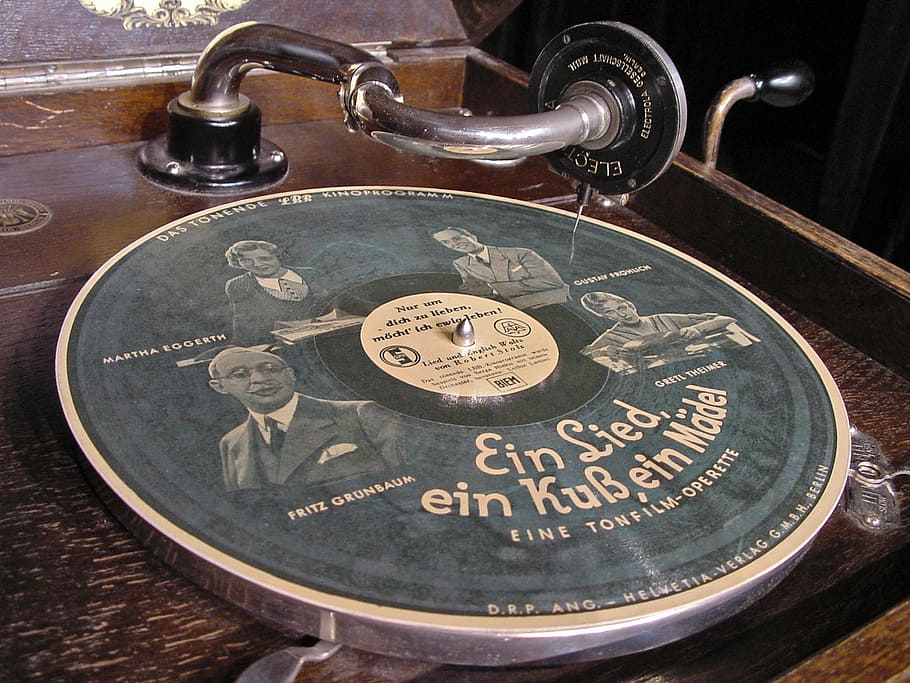 black, blue, ein, sied turntable, schell corner plate, gramophone, 78rpm, image plate, record, nostalgia