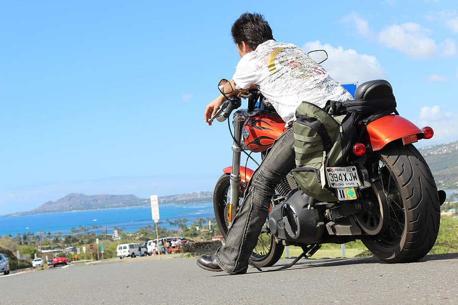 自転車, ハワイ, ハーレー, 海, ツーリング, 旅, 交通, オートバイ, 一人, 実在の人物