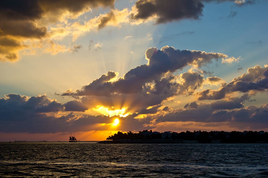 sunset, horizon, ship, island silhouettes, ocean, covered, clouds, sea, key west, sailing ships