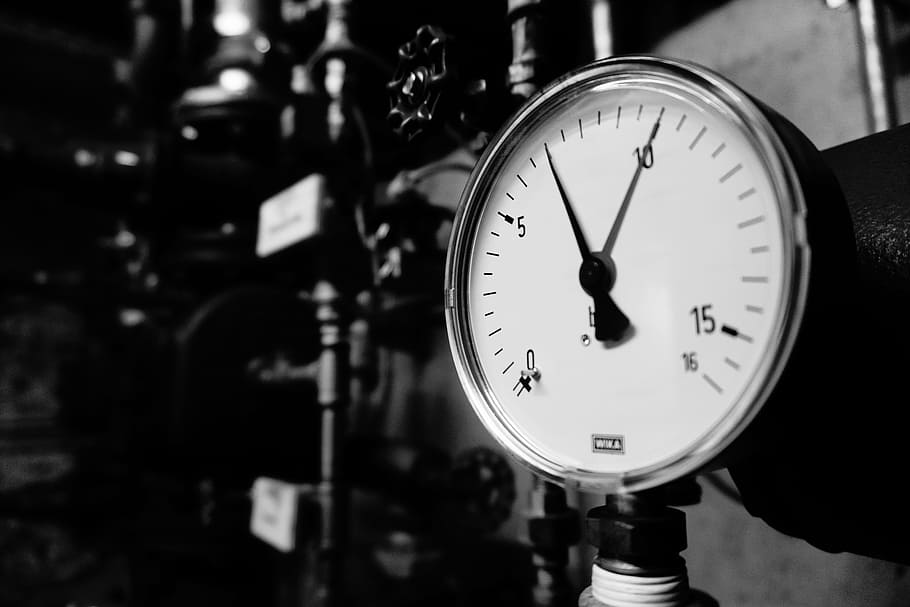 pressure gauge, gauge, pressure, water, clock, time, indoors, night, clock face, hour hand