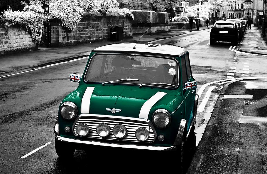 selective, green, white, mini, cooper, 3-door, hatchback, parked, road, British Racing Green