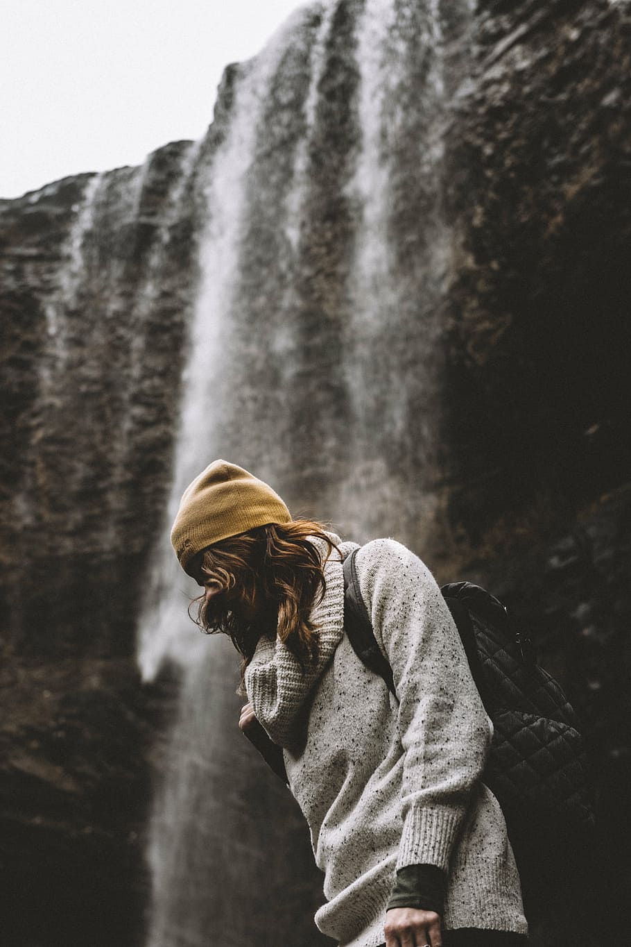 woman, standing, waterfalls, gray, sweater, front, daytime, people, girl, alone