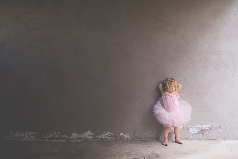 toddler, wearing, pink, tutu dress, leaning, wall, people, kids, ballet, ballerina
