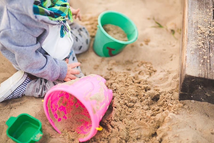 toddler, playing, sand, green, pink, buckets, sandpit, child, toys, fun