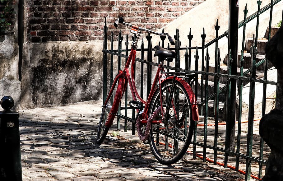 bike, red, wheel, fence, alley, beside road, paving stones, bicycle, architecture, transportation