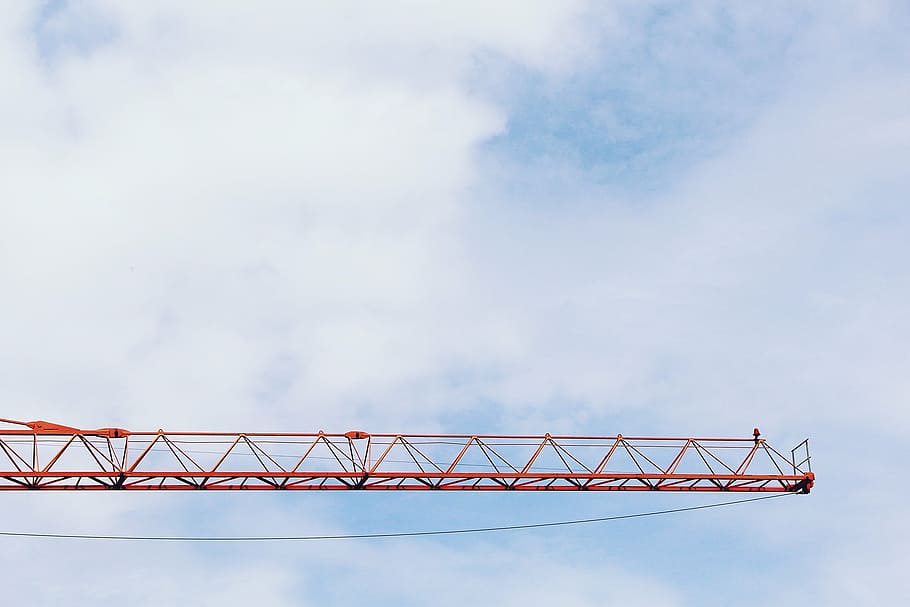 orange, tower crane, white, cloudy, sky, crane, baukran, scaffold, site, technology