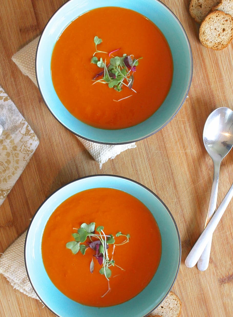 two, orange, soups, teal, ceramic, bowls, soup, tomato, healthy, homemade