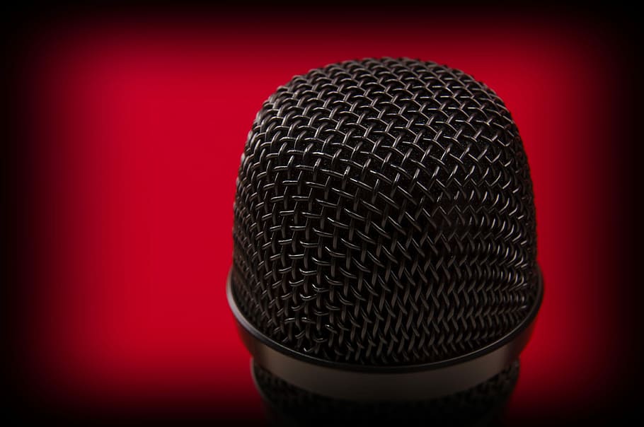 black microphone, Microphone, Music, Entertainment, mike, sound, red, background, equipment, audio