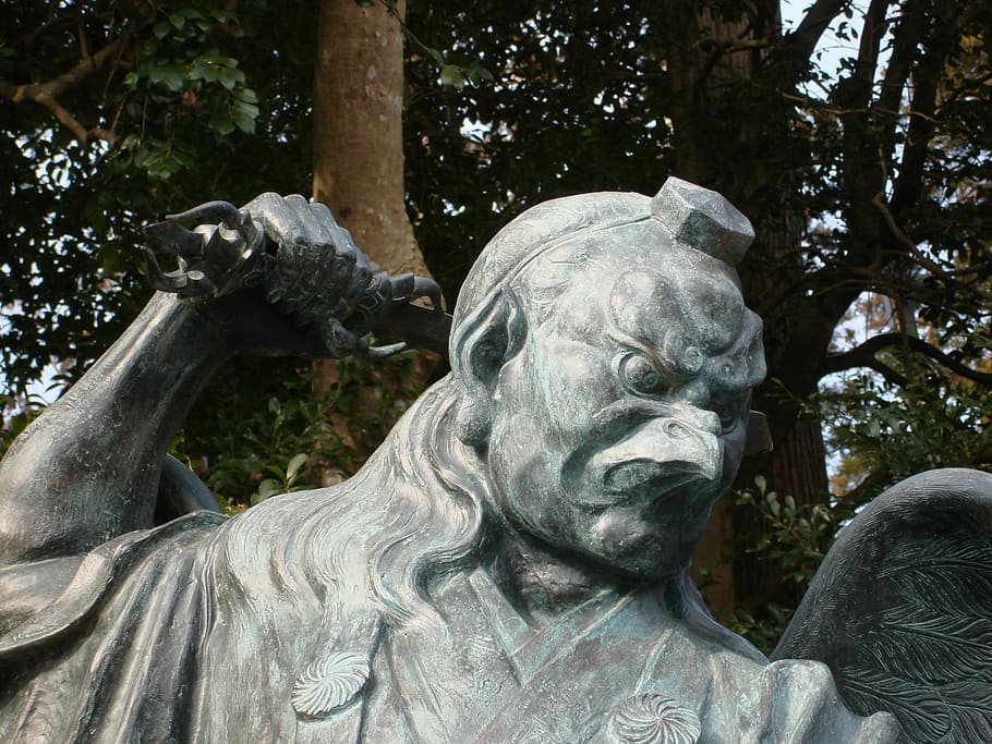Statues, Tengu, Japan, Spirituality, statue, spooky, horror, sculpture, tree, outdoors