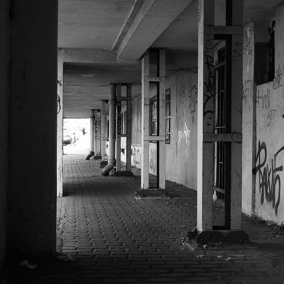 arcade, urban, weathered, old building, outskirts, black And White, architecture, abandoned, old, built Structure