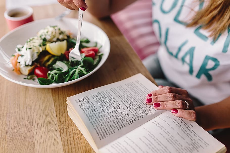 female, book, reading, breakfast, healthy, meal, salad, Woman, eating, women