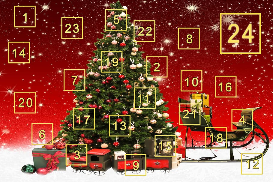 hijau, pohon natal, hadiah, kedatangan kalender, kedatangan, kejutan, nicholas, pintu, natal, emosi