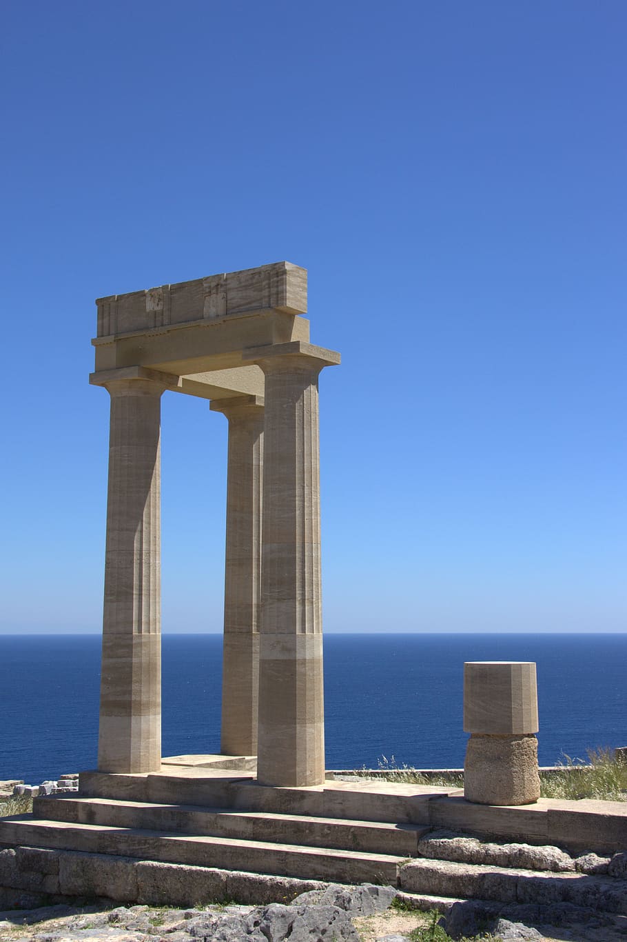 greece, rhodes, lindos, acropolis, columnar, stones, sky, blue, places of interest, architecture