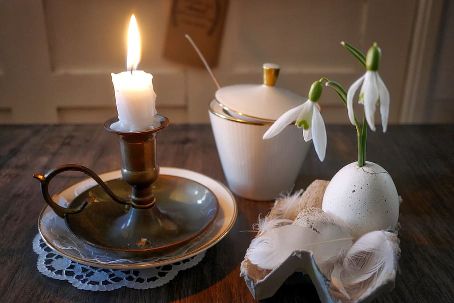 lighted, candle, table, white, flower, egg, spring, sugar bowl, vintage, easter
