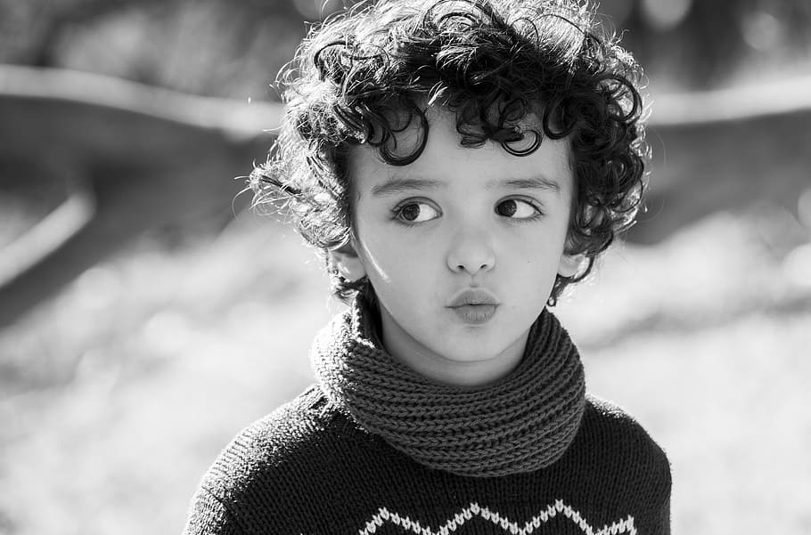 child, wearing, turtleneck sweater, looking, right, children, black and white, portrait, happy, tender