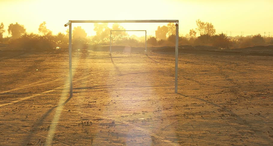 white, metal goal, net, frames, outdoors, empty, goals, football, field, iraq