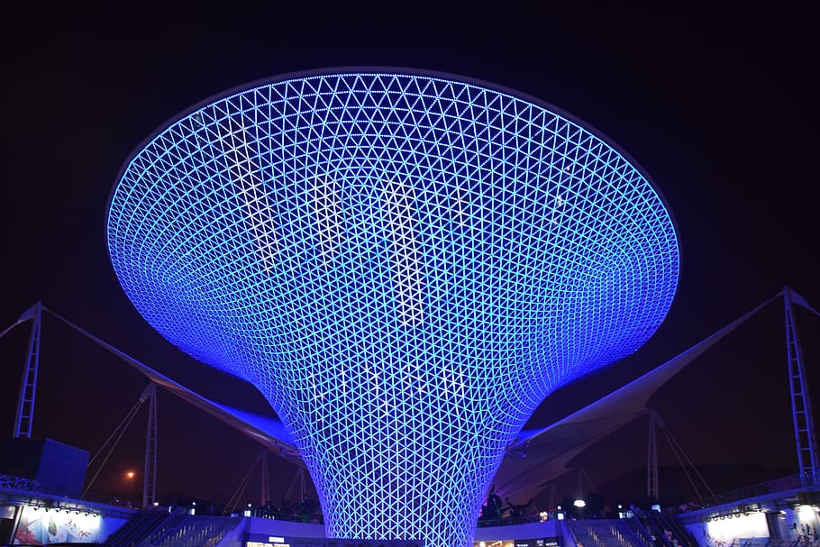 lighted trumpet-shaped building, blue funnel, shanghai, expo, exposition, blue, monument, modern art, night, illuminated