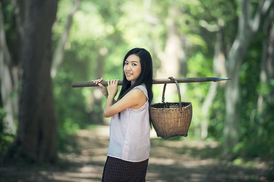 woman, holding, stick, basket, back, countryside, asia, background, pretty, beauty