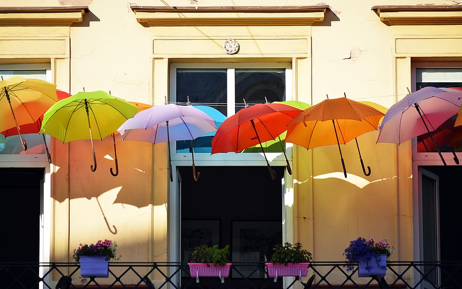 umbrellas, balcony, colorful, summer, outdoor, warsaw, poland, europe, decorations, flowers
